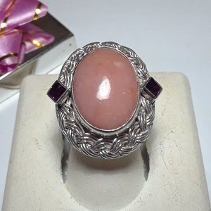 Estate 18X13mm Oval Rhodochrosite &Garnet Sterling Silver Basket Weave Ring16012